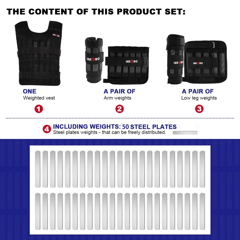 Adjustable Weighted Vest Set with Arm Weights and Leg Weights, Weight Training Workout Set, Weights Jacket & Wrist Weights & Ankle Weights (Including Weights: 50 Steel Plates)