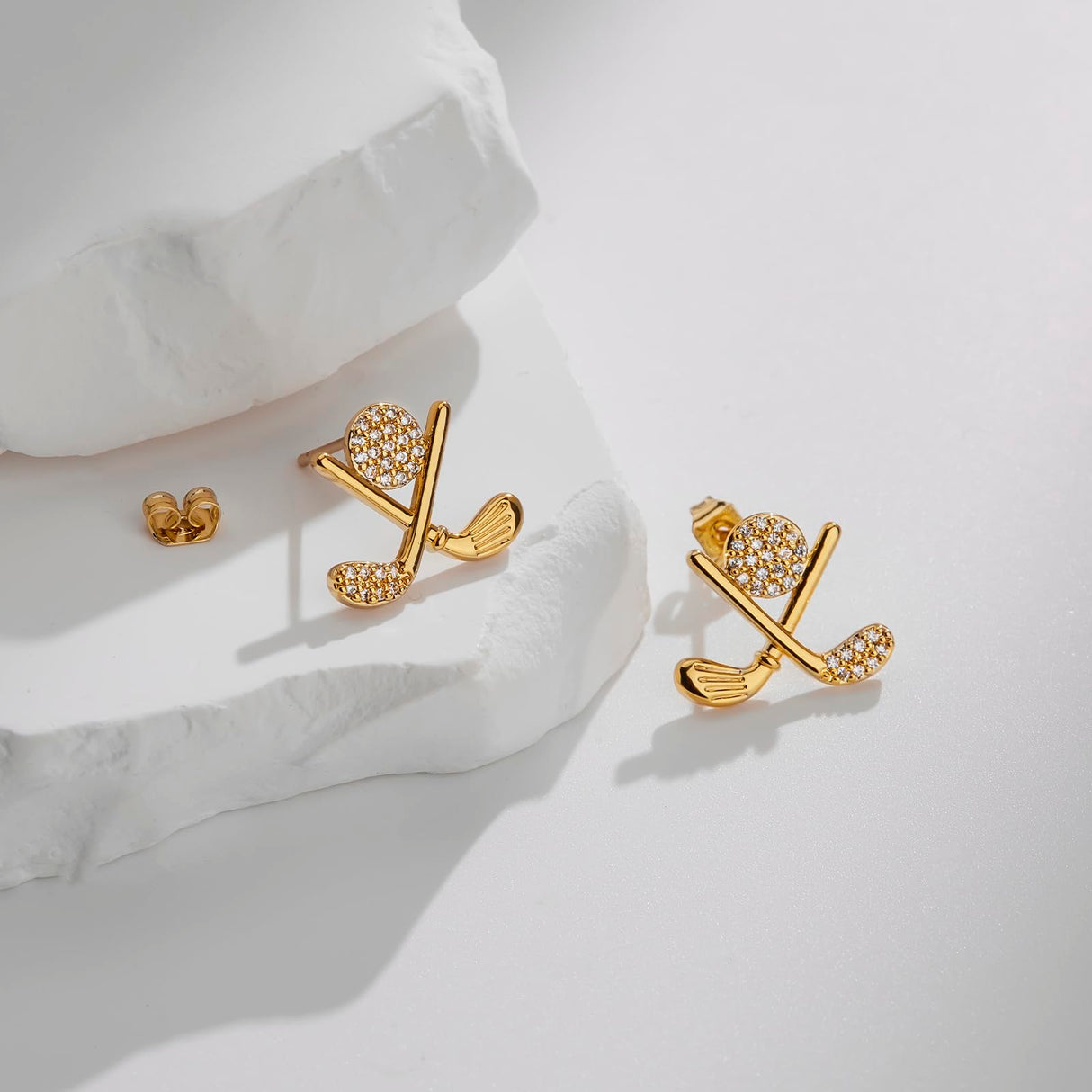 lijiayione Golf Stud Earrings for Women, Gold Plated Hypoallergenic Flat Back Cubic Zirconia Sports Jewelry, Cute Small Dainty Novelty Accessory Birthday Gift for Golfer Player Fan Tournament Team Match (Gold)