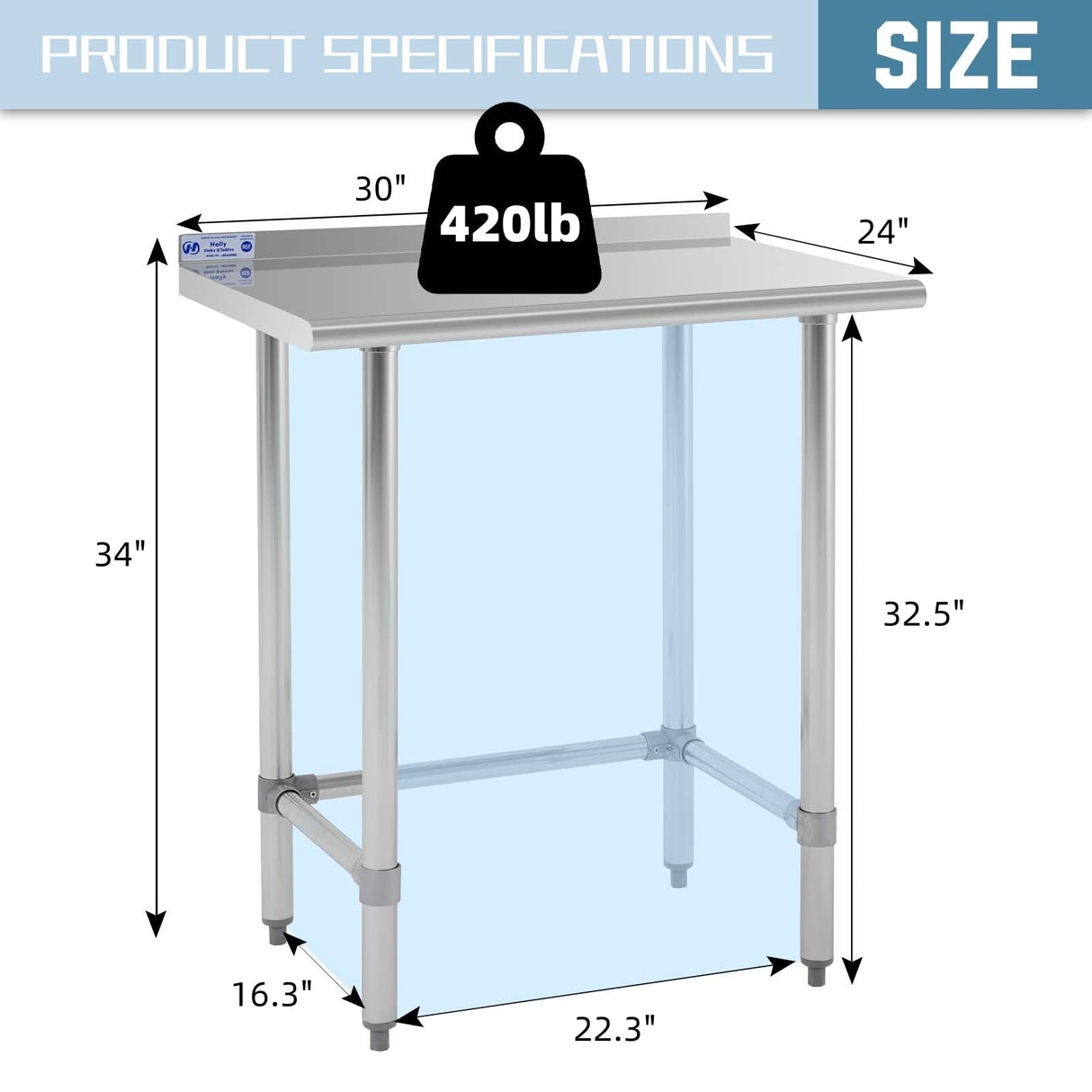 Hally Open Base Stainless Steel Table 24 x 30 Inches, NSF Commercial Heavy Duty Prep & Work Table with Backplash and Galvanized Legs for Restaurant, Home and Hotel