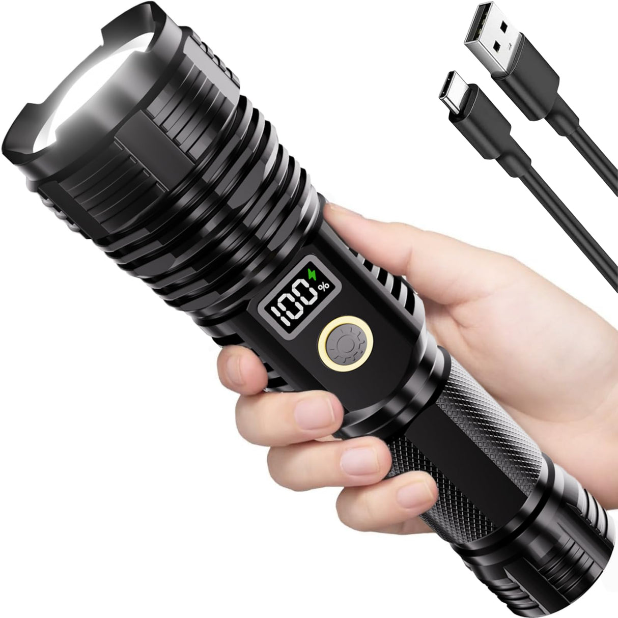 Flashlights High Lumens Rechargeable, 100,000LM LED Super Bright Flash Light, Zoomable Linternas with LCD Digital Display, 5 Mode, Waterproof, Powerful Tactical Flashlight for Emergencies Camping Gift
