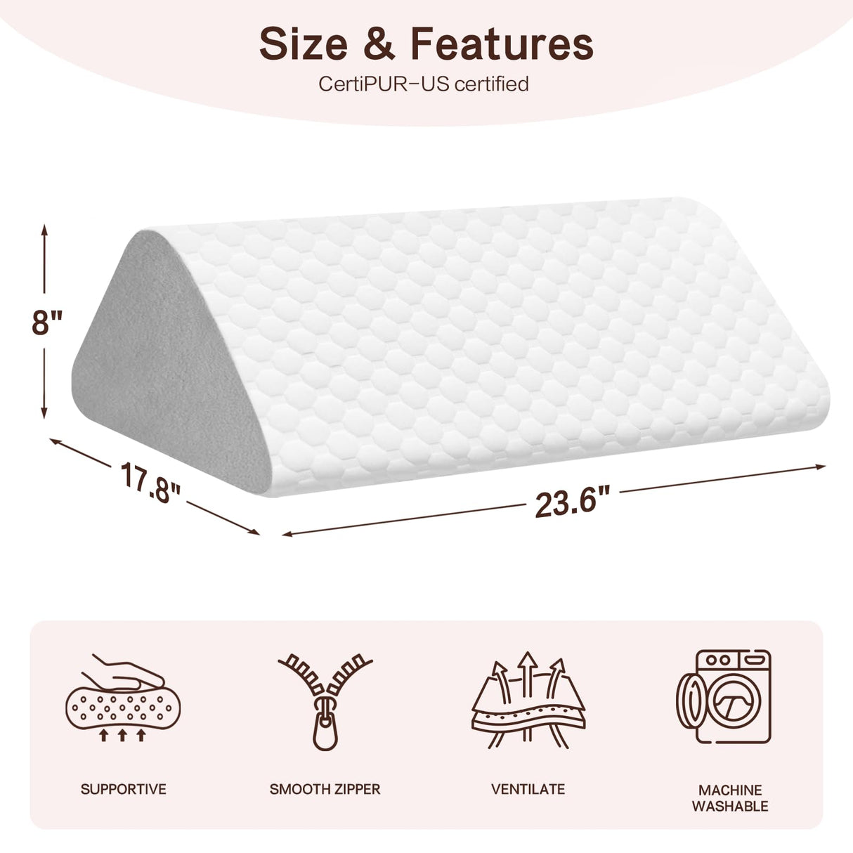 Vomiliku Knee Wedge Pillow for Back Sleeping, Leg Elevation for Post Surgery Recovery, 8" Triangle Leg Pillow with Removable Cover for Knee Support, Hip Back Pain Relief,Enhance Circulation, Gray