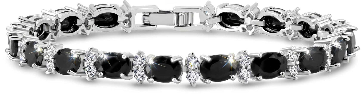 KEZEF Tennis Bracelets For Women - Cubic Zirconia - Oval 7x5mm Black Gemstones - Round 2.50mm White CZ - Silver Plated Brass - 7 Inch - Hypoallergenic Bracelets