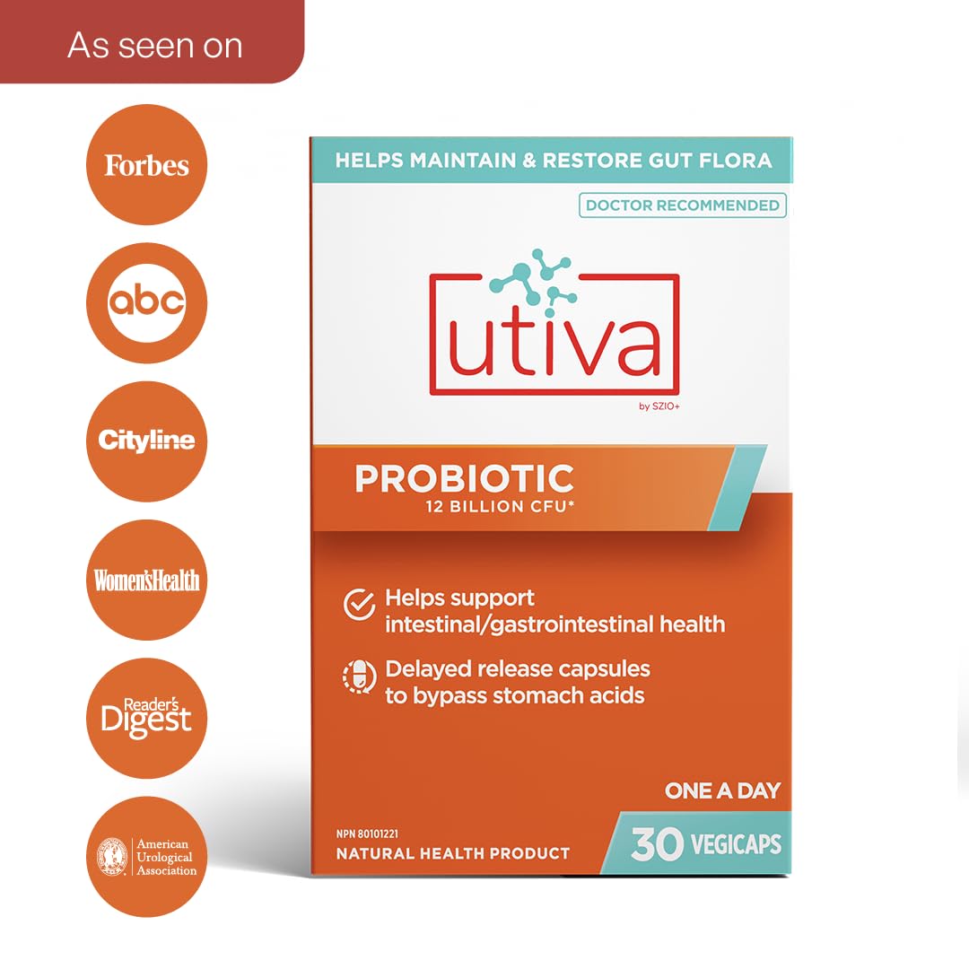 Szio+ Utiva Probiotic – Urinary Tract and Gut Health Supplement – 12 Billion CFU Lactobacillus & Bifidobacterium Probiotic for Men and Women, 30 Delayed Release Vegi Capsules