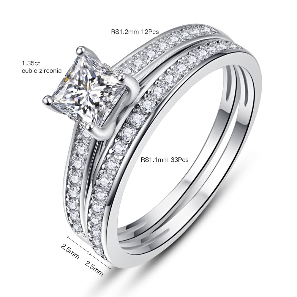 AVECON 1.35ct Princess Cut Engagement Ring 925 Sterling Silver Wedding Band Set for Women Cubic Zirconia Bridal Sets Size 6