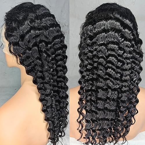 24Inch Deep Wave Lace Front Wigs Human Hair-13x4 HD Transparent Deep Wave Frontal Wigs Human Hair Glueless Curly Wigs for Women 200% Density Curly Lace Front Wigs Human Hair Pre Plucked with Baby Hair