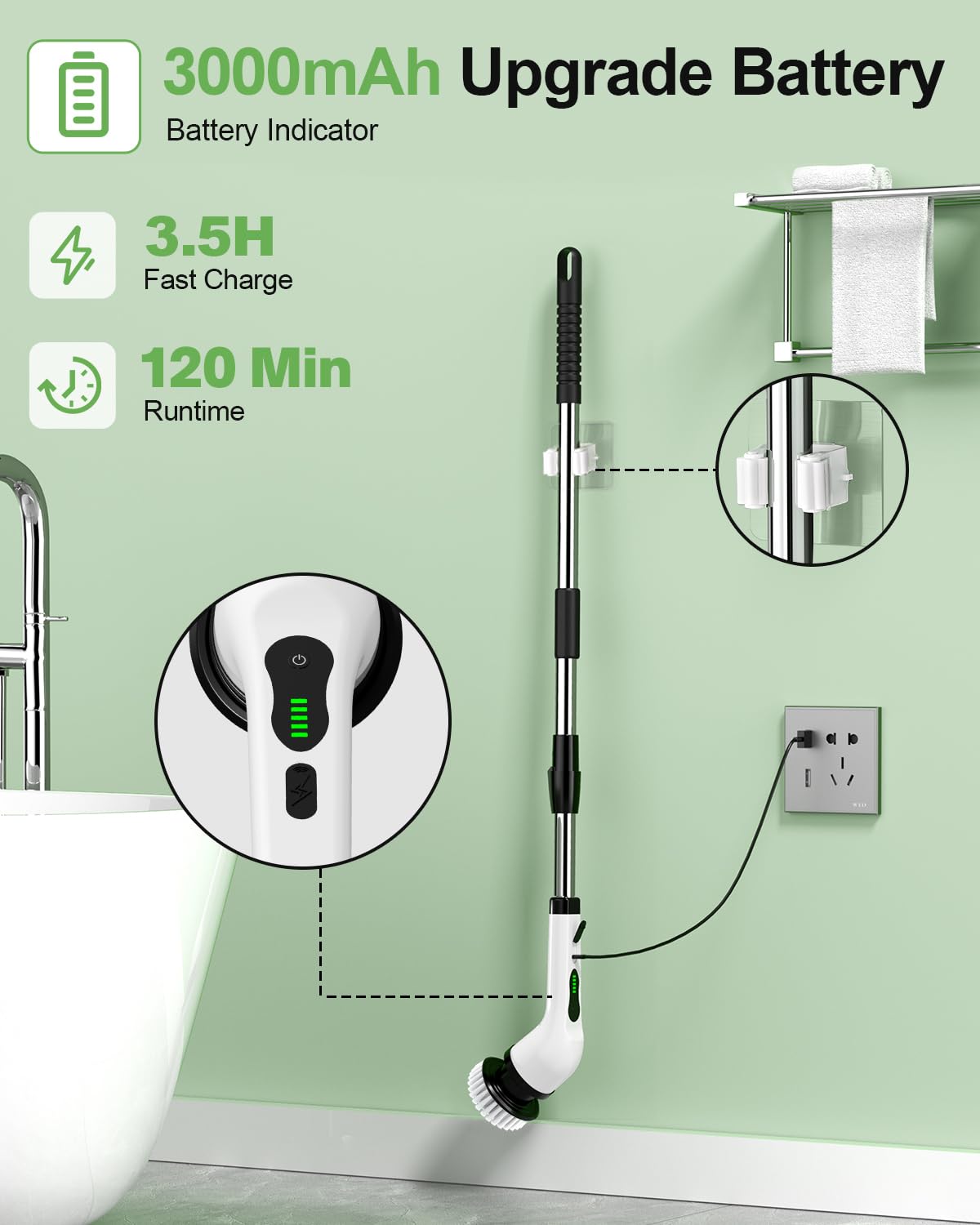 Electric Spin Scrubber, Cordless Power Cleaning Brush with 9 Replaceable Brush Heads, Bathroom Scrubber with Extension Arm, 2-Speed Motorized Tile Floor Scrubber for Tub, Sink, Wheel, White-ra1