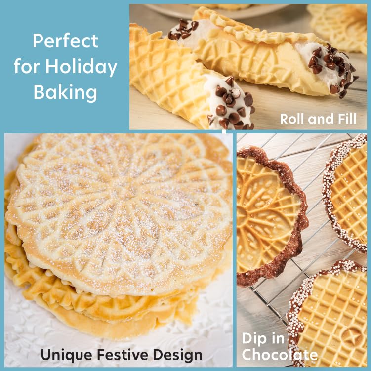 Pizzelle Maker- Nonstick Electric Holiday Baker Press Makes Two 5-Inch Cookies at Once- Christmas Baking Supplies for Party- Italian Dessert Treat Making with Recipe Guide- Cookie Swap Gift for Her