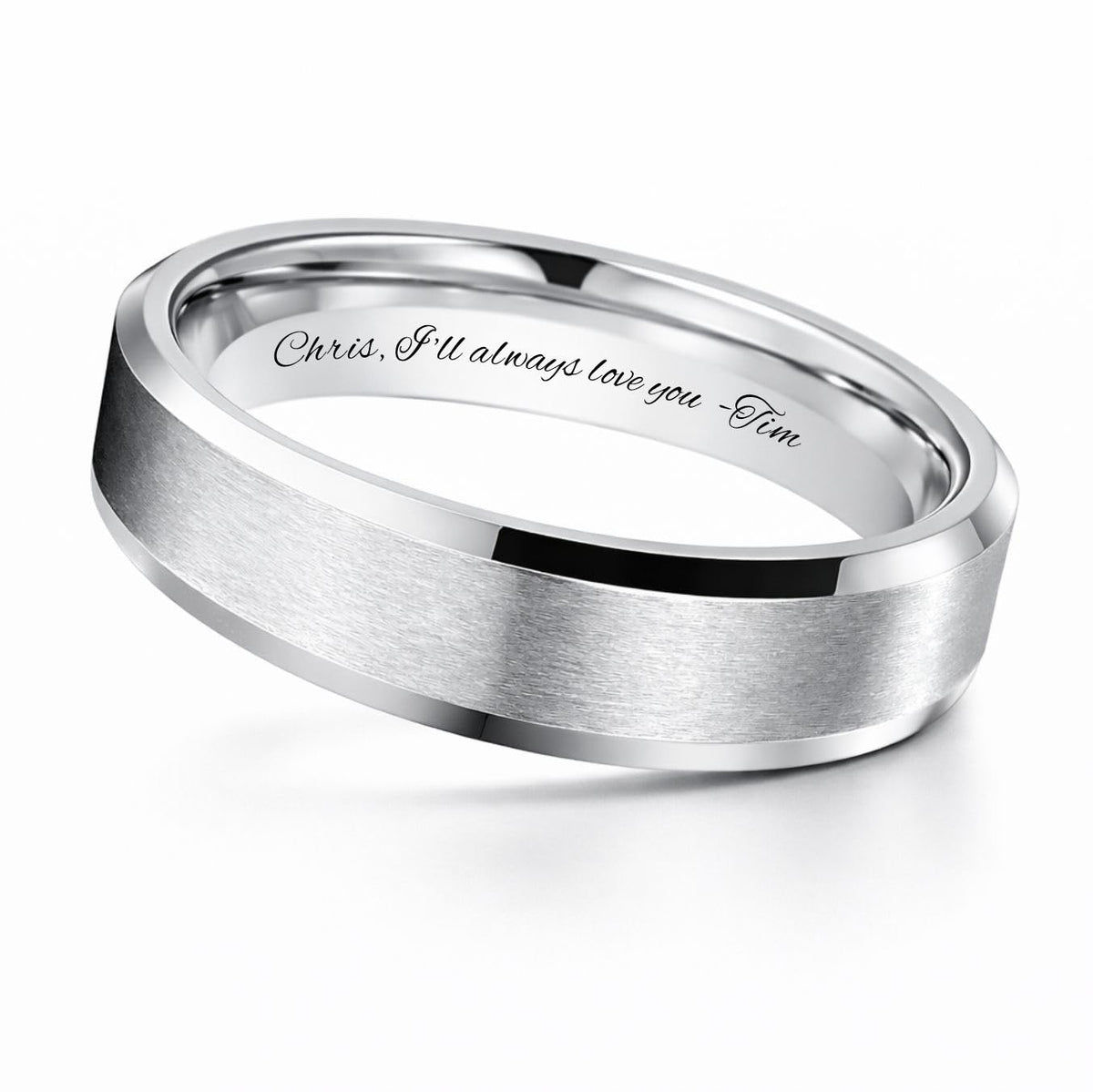 Personalized Men’s Silver Ring – Custom Engraved Wedding Band with Beveled Edge – Free Engraving in Any Language - Ships from USA