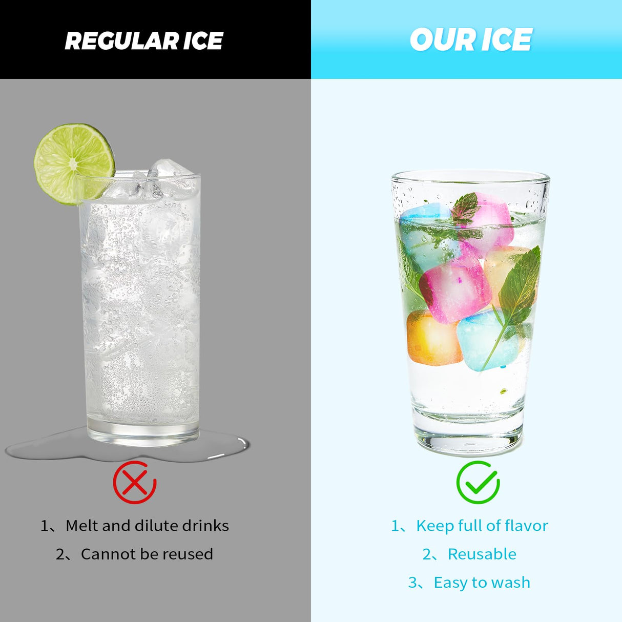 320 Pack Reusable Ice Cubes with Scoop, BPA‑Free Refreezable Plastic Ice Cubes, Non‑Diluting Washable Ice Cubes for Whiskey Coffee Cocktails Party Bar Camping(Square, Multicolor)