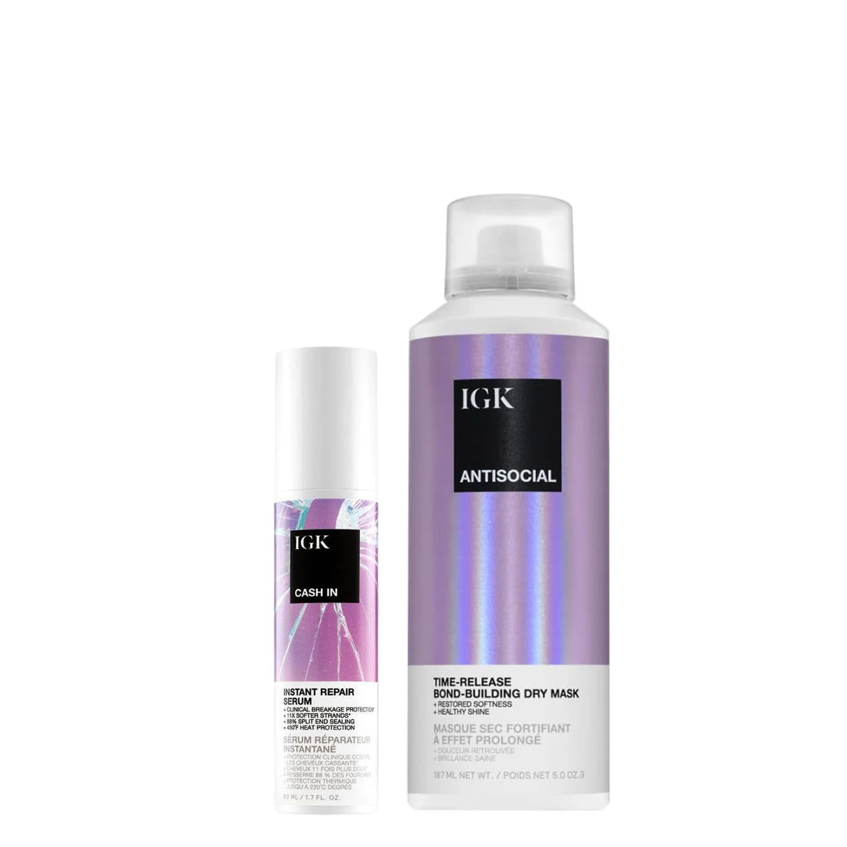IGK Bond-Building Repair Set | ANTISOCIAL Bond-Building Dry Hair Mask + CASH IN Instant Repair Serum | Repair + Protect + Soften | Vegan + Cruelty Free