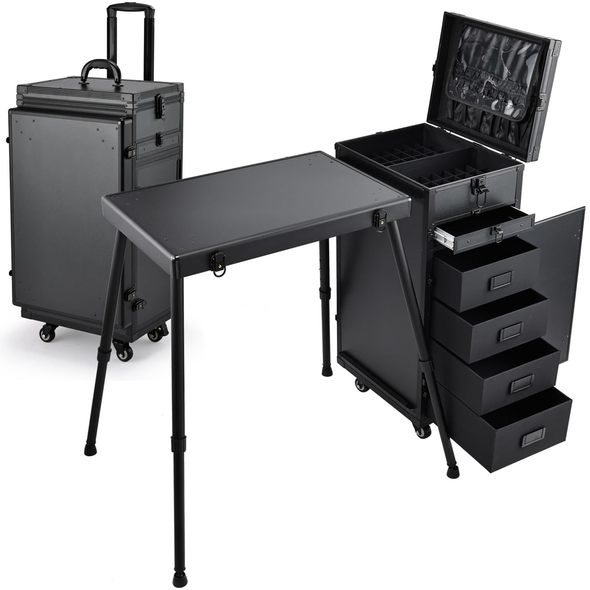 Joligrace Rolling Manicure Table 5 Drawers Makeup Case Foldable Nail Desk Cosmetology Case on Wheels Nail Tech Table with Brush Pouch for Technician Workstation Mobile Makeup Artist Trolley Black