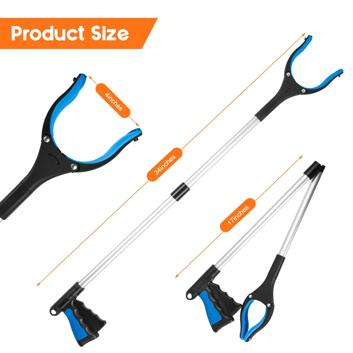 TOPGROT 2-Pack Grabber Reacher Tool, 34" Foldable Reacher Grabber Pickup Tool with 360° Anti-Slip Rotating Jaw & Magnets, 4" Wide Claw Opening Reachers for Seniors, Trash Picker Tool