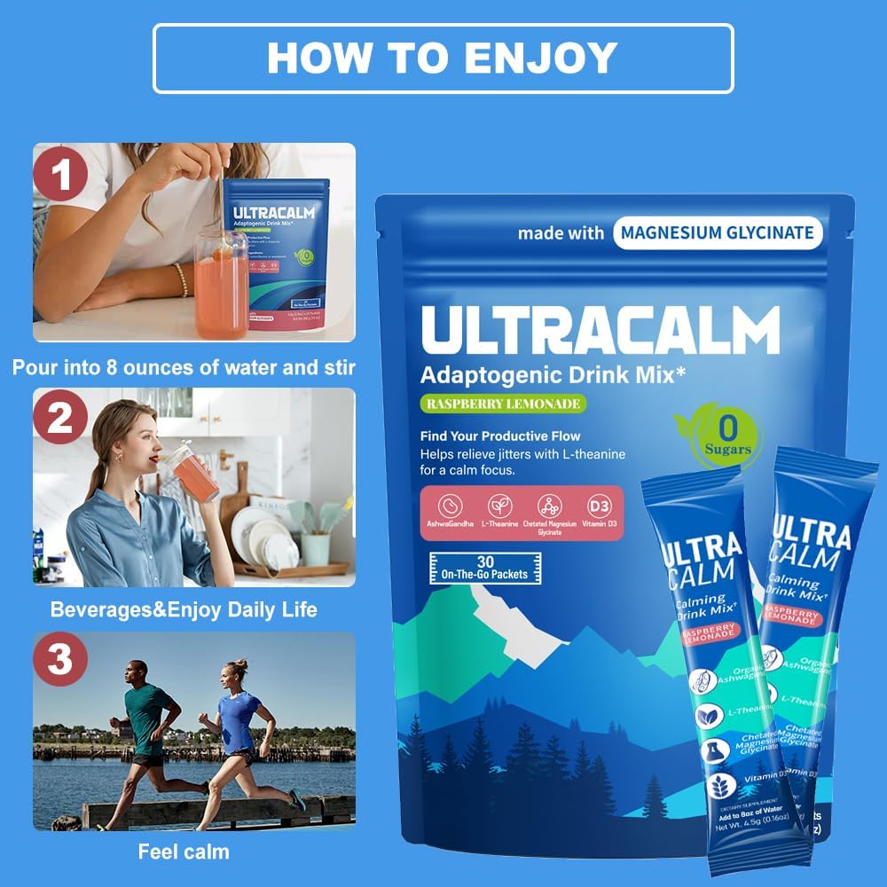 UltraCalm Super Cortisol Drink – Calm Magnesium Glycinate Powder – 30 Servings – L-theanine, Ashwagandha, Vitamin D – No Sugar – Raspberry Lemonade – Electrolytes Powder