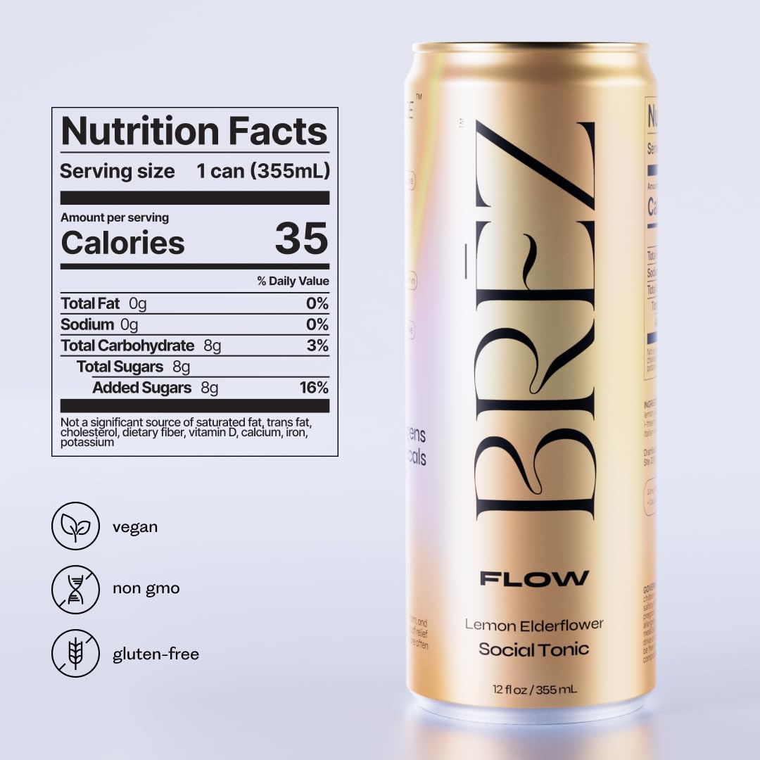 BREZ FLOW Lion’s Mane Mushroom Drink, 6-Pack, Non-Infused, Adaptogens, Relieving, Uplifting, and Social, Sparkling Lemon Elderflower Tonic 12 Fl oz