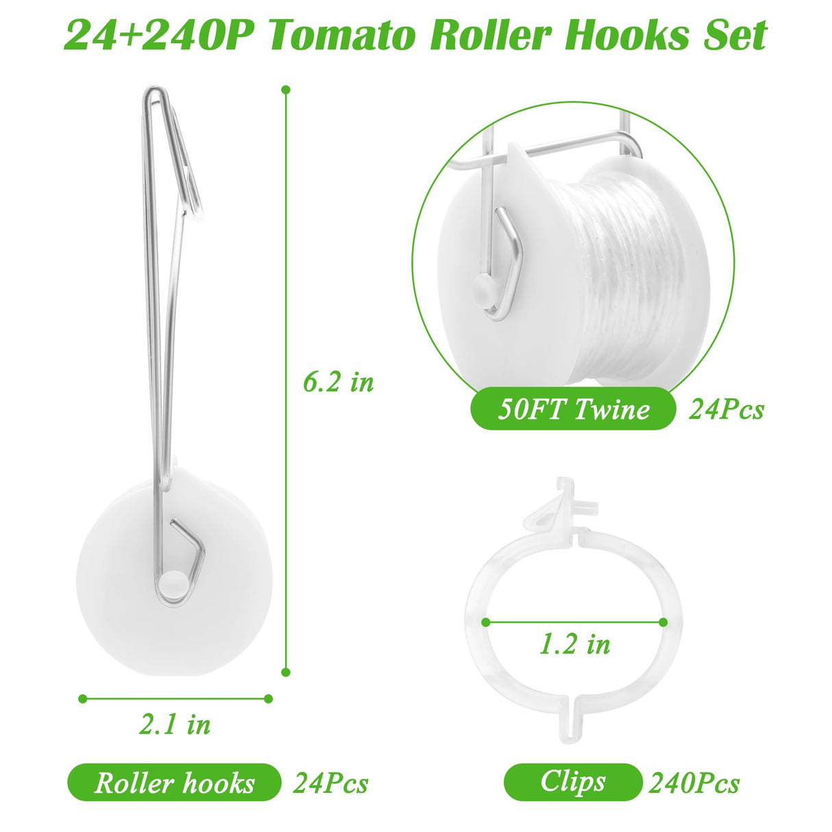 24+240P Tomato Roller Hooks with 49.2FT String and Tomato Trellis Clips, Pletpet Roller Hooks for Tomatoes Trellis Roller Hooks with Twine for Vine Plant Twine Crop