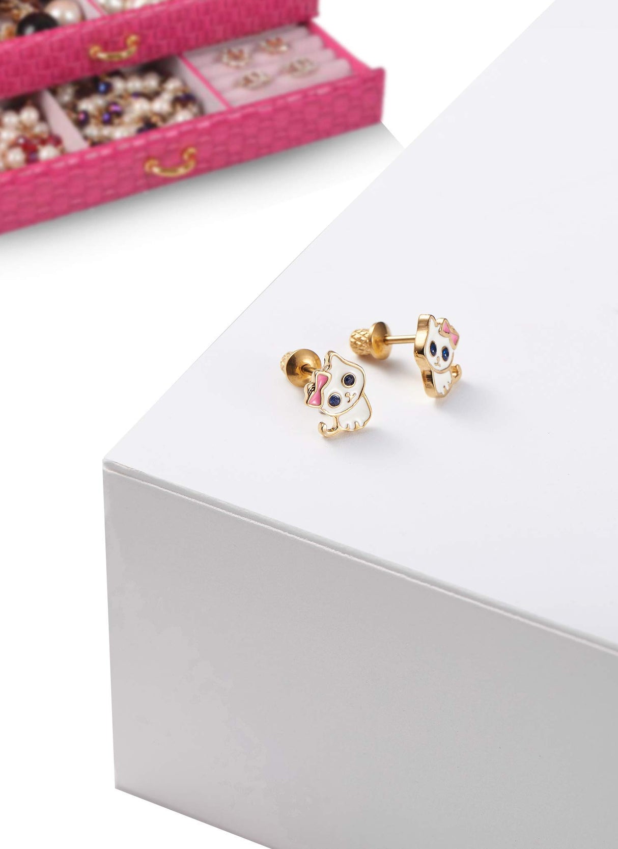 18k Gold Plated Screw Back Kitten Stud Hypoallergenic Earrings for Kids, Baby, Toddler, Little Girls with Surgical Steel Post for Ultra Sensitive Ears with Secure Safety Screwback (Gold Toned Kitten)