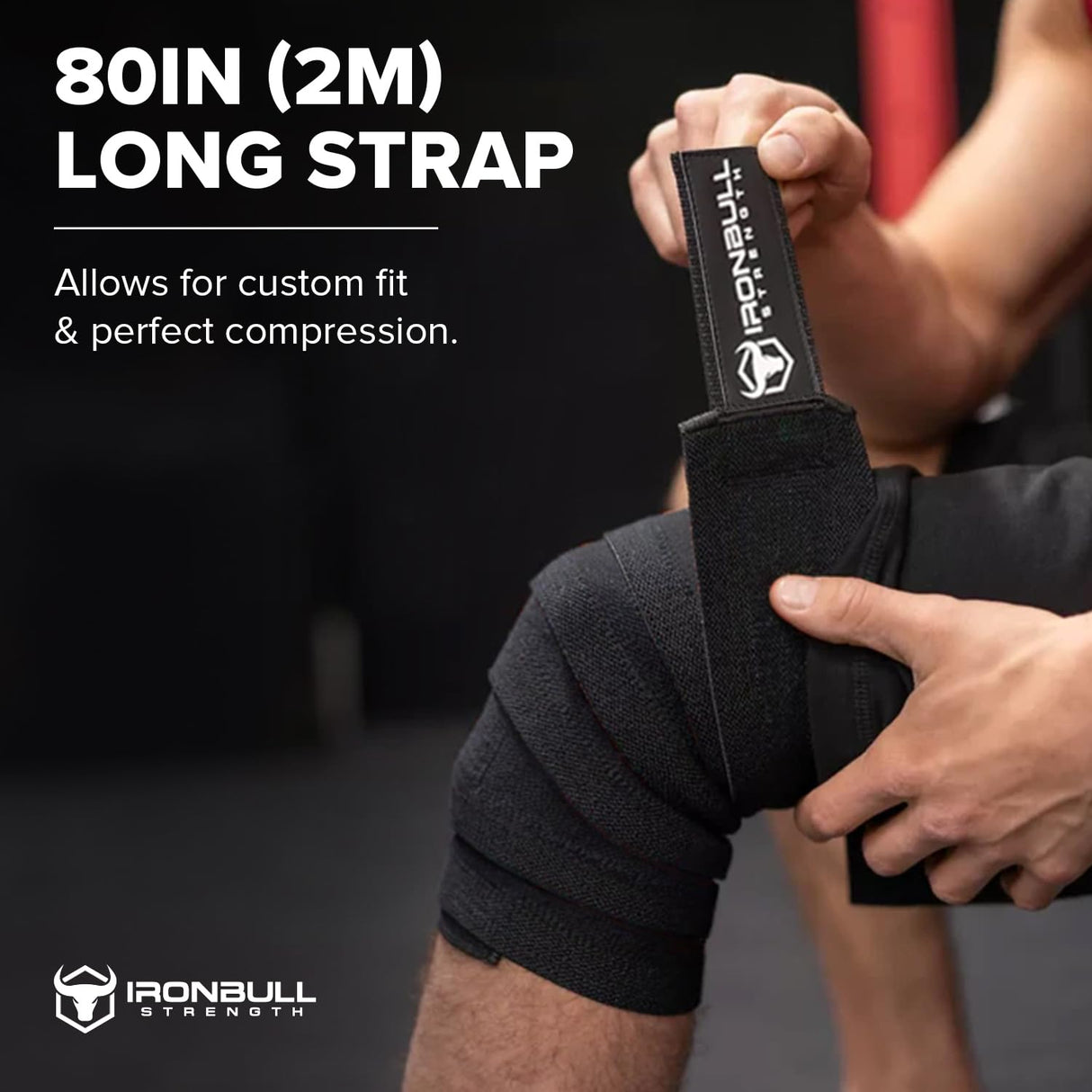 Iron Bull Strength Knee Wraps (1 Pair) - 80" Elastic Knee and Elbow Support & Compression - For Weightlifting, Powerlifting, Fitness, WODs & Gym Workout - Knee Straps for Squats (Black)
