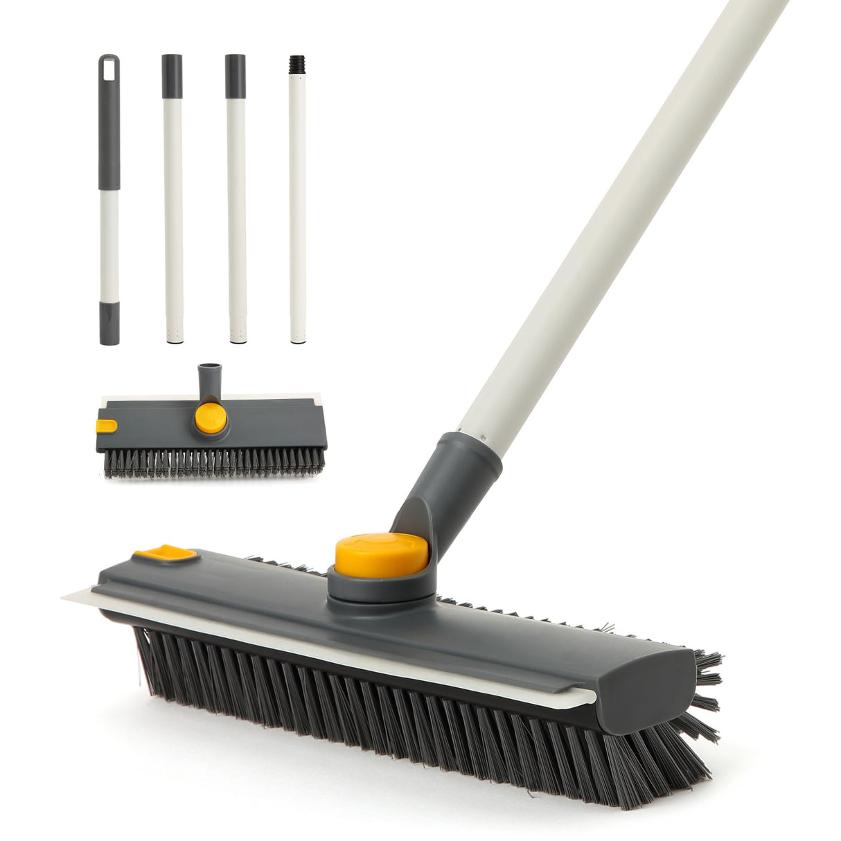 Yocada Floor Scrub Brush with Long Handle 3 in 1 Dual-Sided Stiff Bristle Scrubber Brush and Scrape Squeegee Indoor&Outdoor for Cleaning Bathroom Kitchen Patio Pool Garage Wall Deck 53.9"