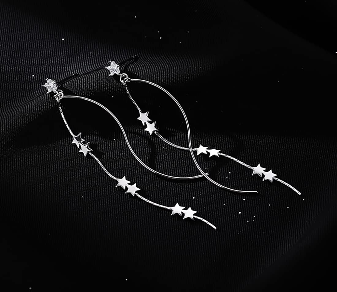 SLUYNZ Sterling Silver Star Dangle Earrings for Women Teens Girls Long Dangle Earrings Chain Curve Spiral Line Earrings Tassel (A-Silver)