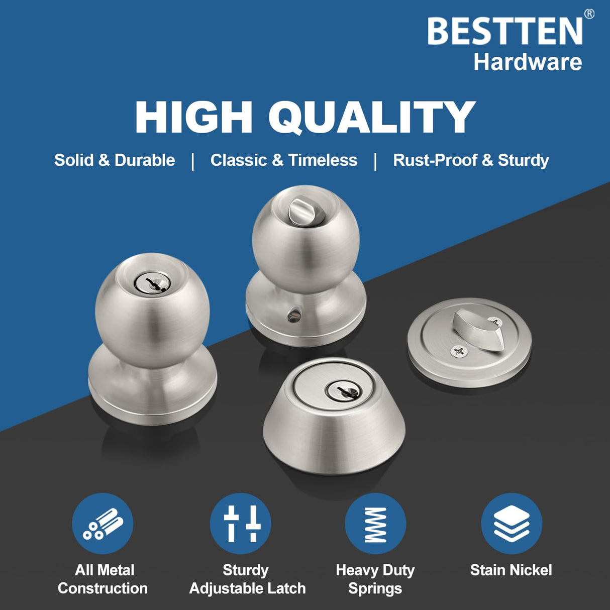 BESTTEN Keyed Same Exterior Door Knob and Single Cylinder Deadbolt Combo Set, Keyed Alike Entry Door Knobs with Lock and Keys for Entrance and Front Door, Satin Nickel