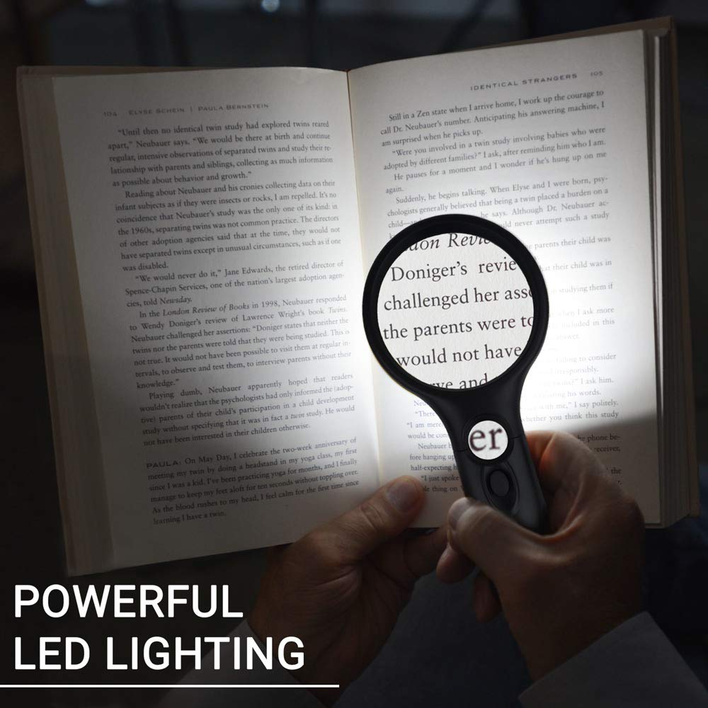 SeeZoom Lighted Magnifying Glass 3X 45x Magnifier Lens - Handheld Magnifying Glass with Light for Reading Small Prints, map, Coins and Jewelry - LED Seniors Magnifier for Close Work