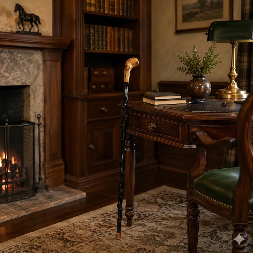 Imported Shillelagh Wooden Irish Walking Stick, Handcrafted 100% Blackthorn Lightweight Wood Cane, Handles All Unique, Black High Gloss Lacquered, Made in Ireland 36"