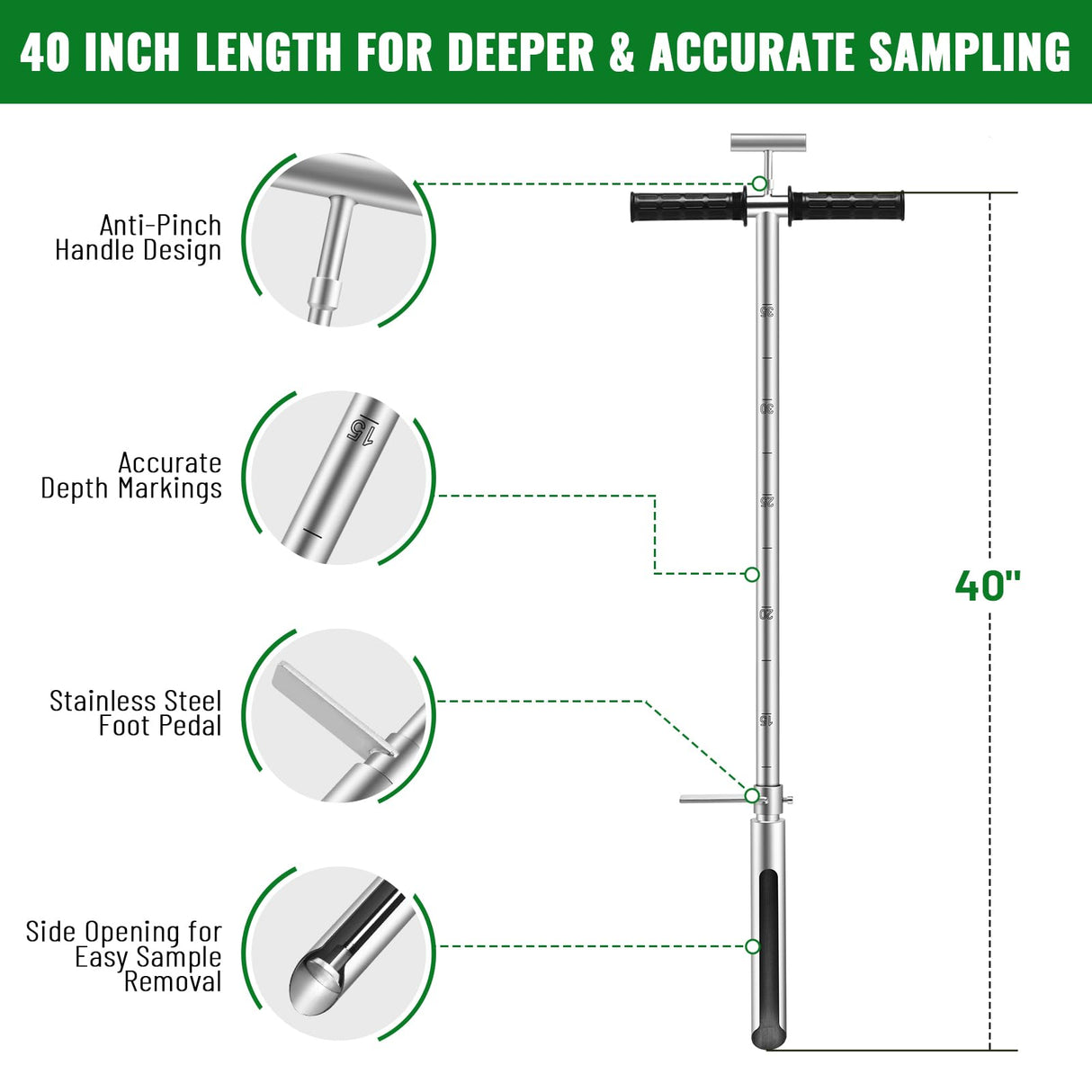 40 Inch Soil Sampler Probe, Stainless Steel Soil Core Sampling Tool with T-Handle, Heavy Duty Soil Probe for Lawn, Garden, Farm & Soil Testing
