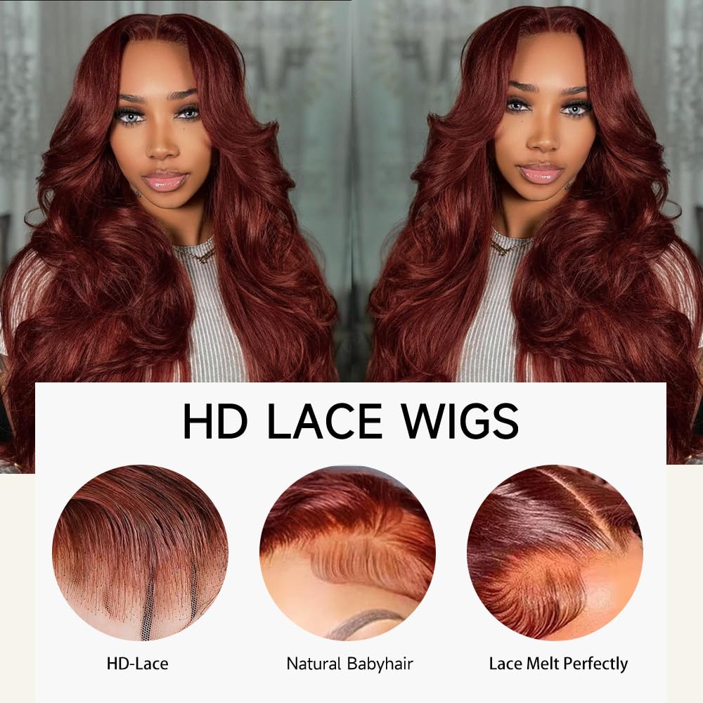 KEKEYY Reddish Brown Lace Front Wigs 28 Inch Pre-Plucked 200% Density Body Wave HD Lace Lace Frontal Wig with Baby Hair Glueless Wigs