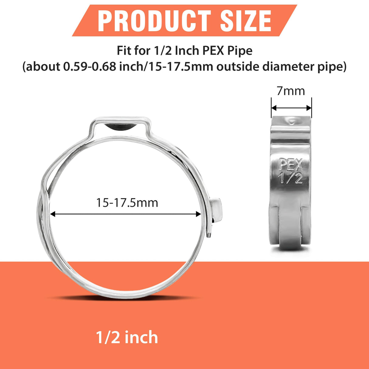 WYSIWYKA 120pcs 1/2 inch PEX Cinch Clamps Rings, 304 Stainless Steel Pex Crimp Rings, Heavy Duty Thickened Single Ear Hose Clamps for PEX Tubing Pipe Fitting Connections