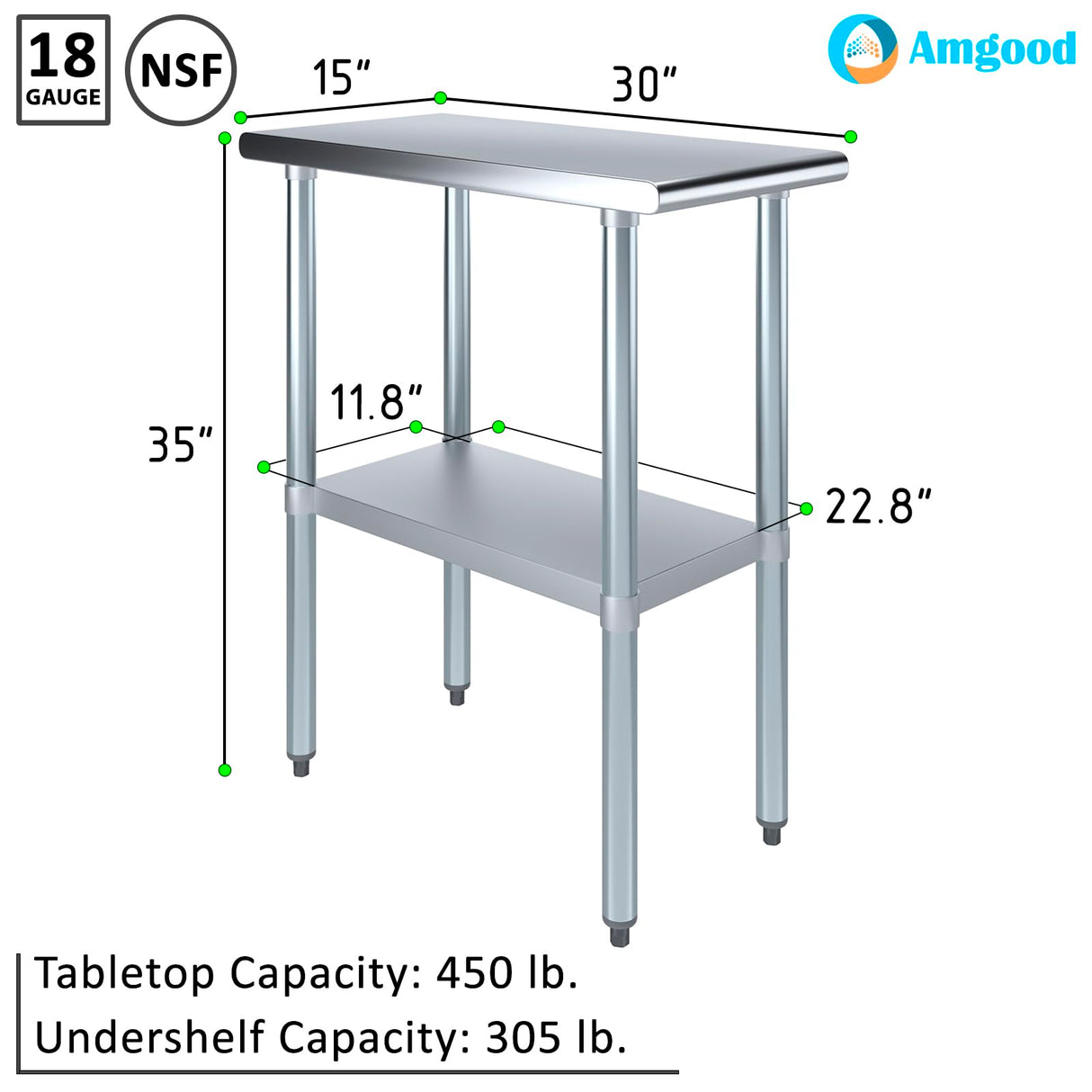 AmGood 30 in. x 15 in. Stainless Steel Work Table | Metal Kitchen Food Prep Table | NSF