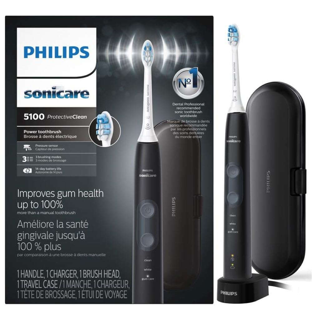 Philips Sonicare ProtectiveClean 5100 Rechargeable Electric Toothbrush, with Pressure Sensor, 3 Cleaning Modes, SmarTimer and QuadPacer, 14-Day Battery Life, Travel Case, Black, Model HX6850/60
