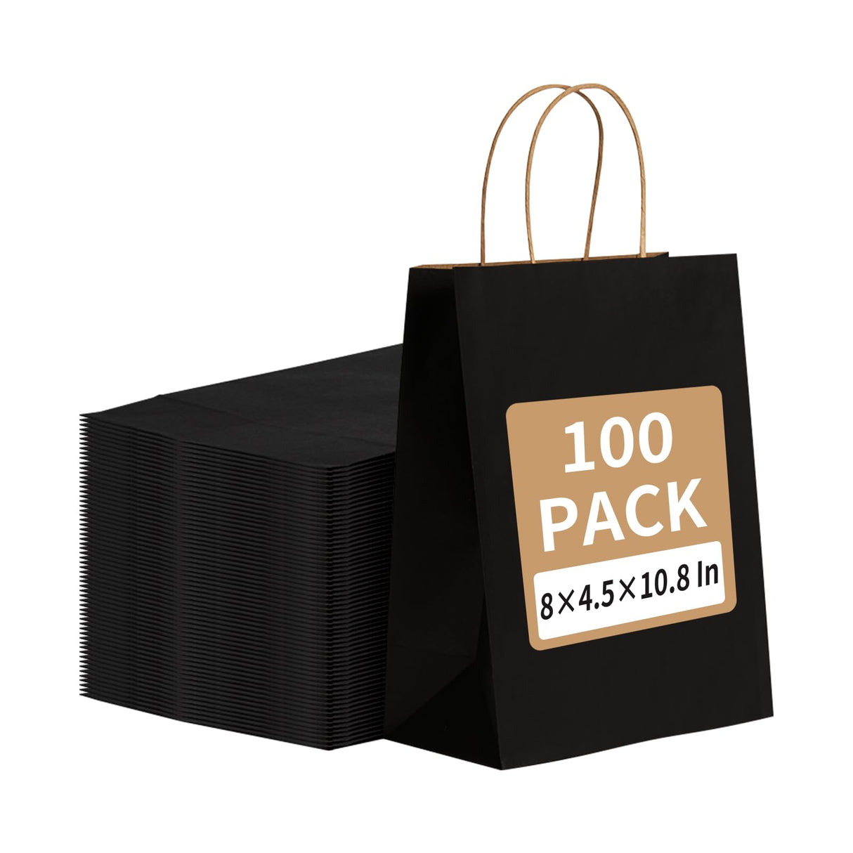 100 Pack Black Kraft Paper Bags 8x4.5x10.8 Inches Gift Bags with Handles Bulk, Paper Shopping Bags for Party, Wedding, Retail, Christmas, Birthday, Business, Restaurant, Takeout