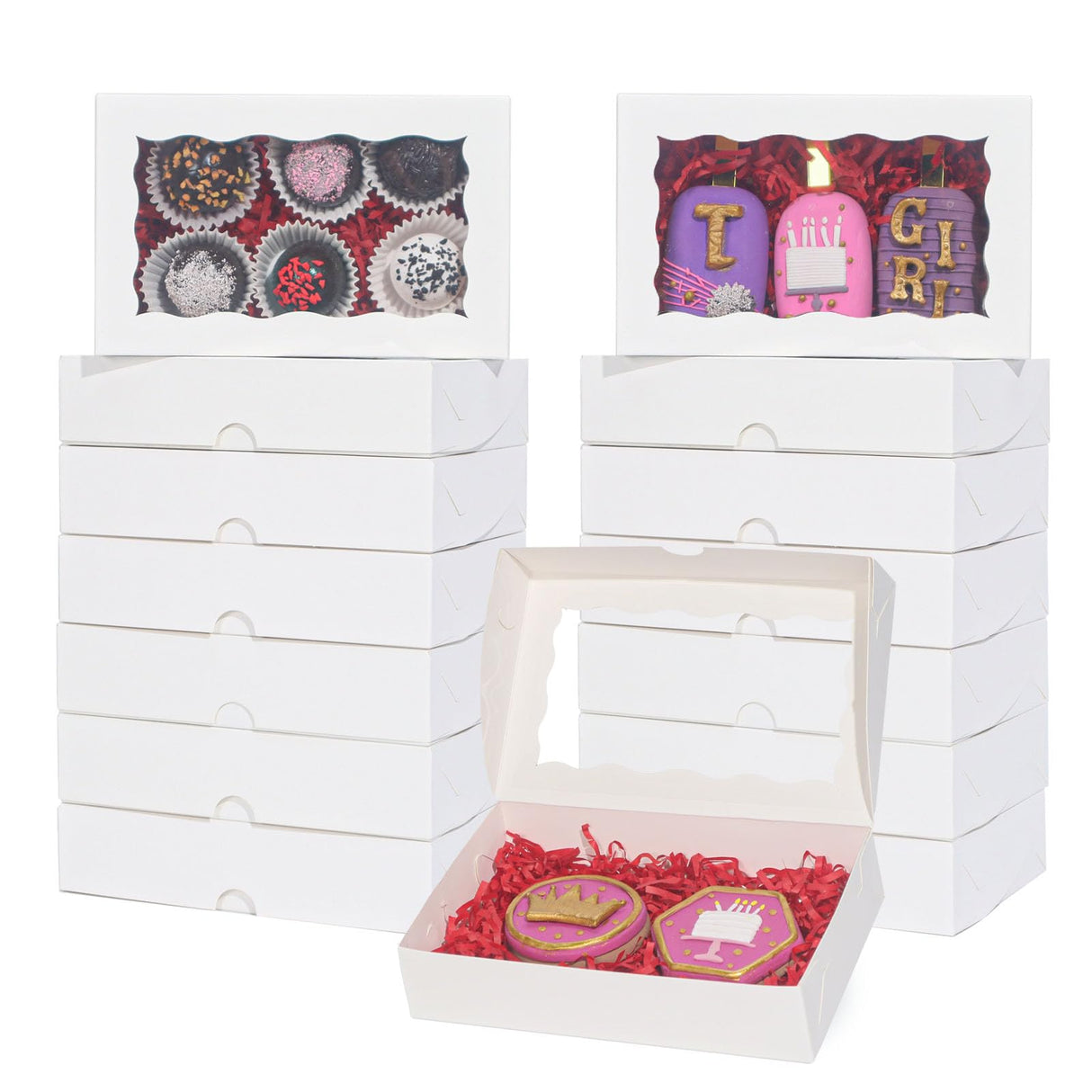 RomanticBaking 100 Pack White 7 x 4 3/8 x 1 1/2inches Cookies Boxes with Window Christmas Bakery Packaging for Macaron Treat Boxes Chocolate Truffle