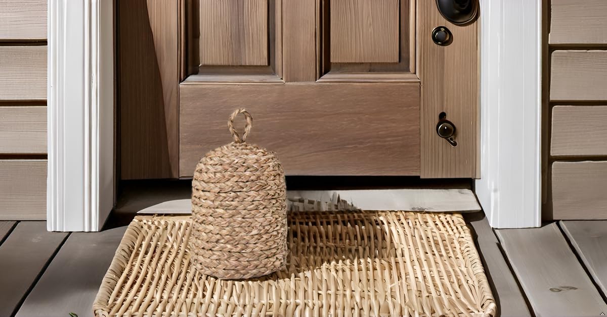 PEMAR Natural Wicker Door Stopper with Handle, Decorative Door Stop, Heavy Indoor Doorstop, Rustic Farmhouse Blocker Jammer 5.1''D x 7.5''H (Seagrass)