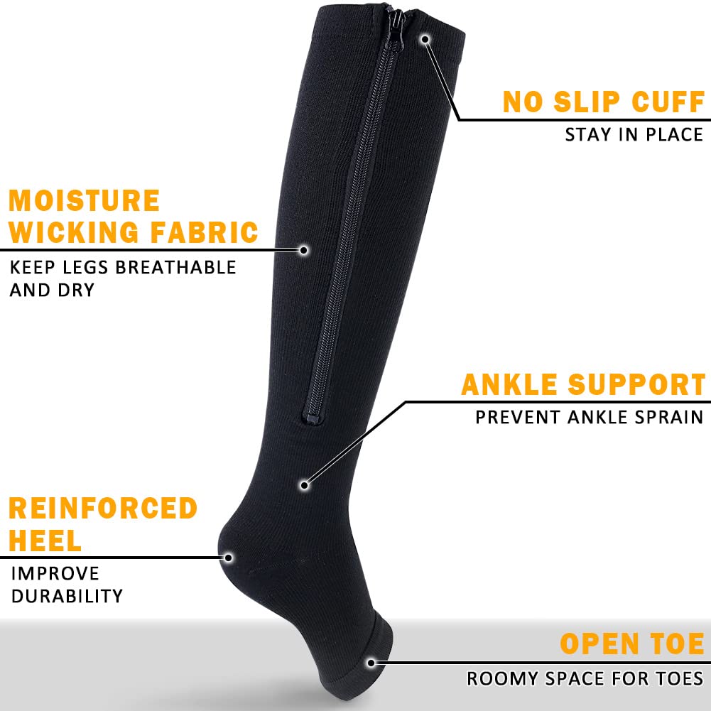 CASMON 2 Pairs Zipper Compression Socks for Women & Men, 15-20 mmHg Open Toe Knee High Support Socks for Varicose Vein Edema