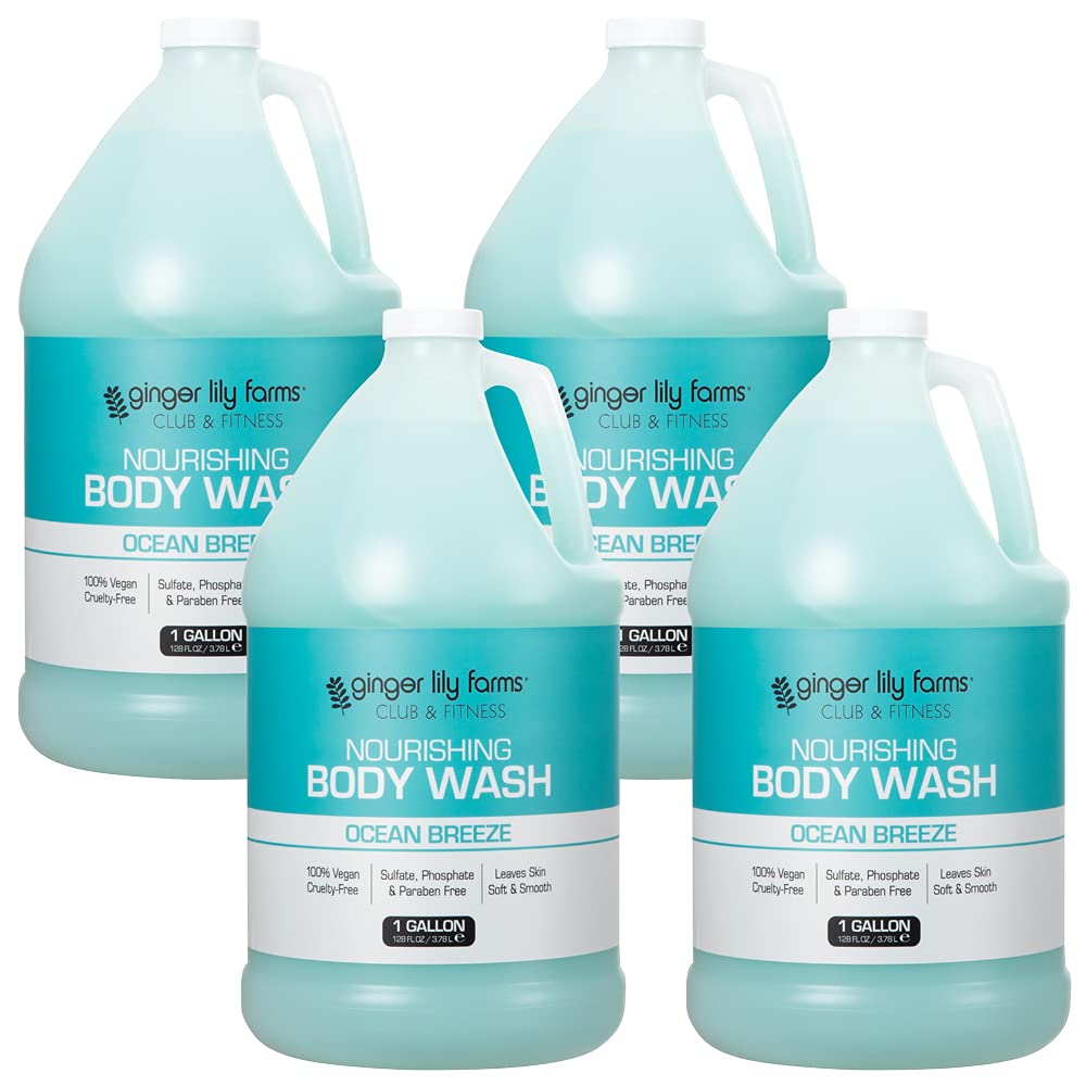 Ginger Lily Farms Club & Fitness Nourishing Body Wash, 100% Vegan & Cruelty-Free, Ocean Breeze Scent, 1 Gallon Refill (Pack of 4)
