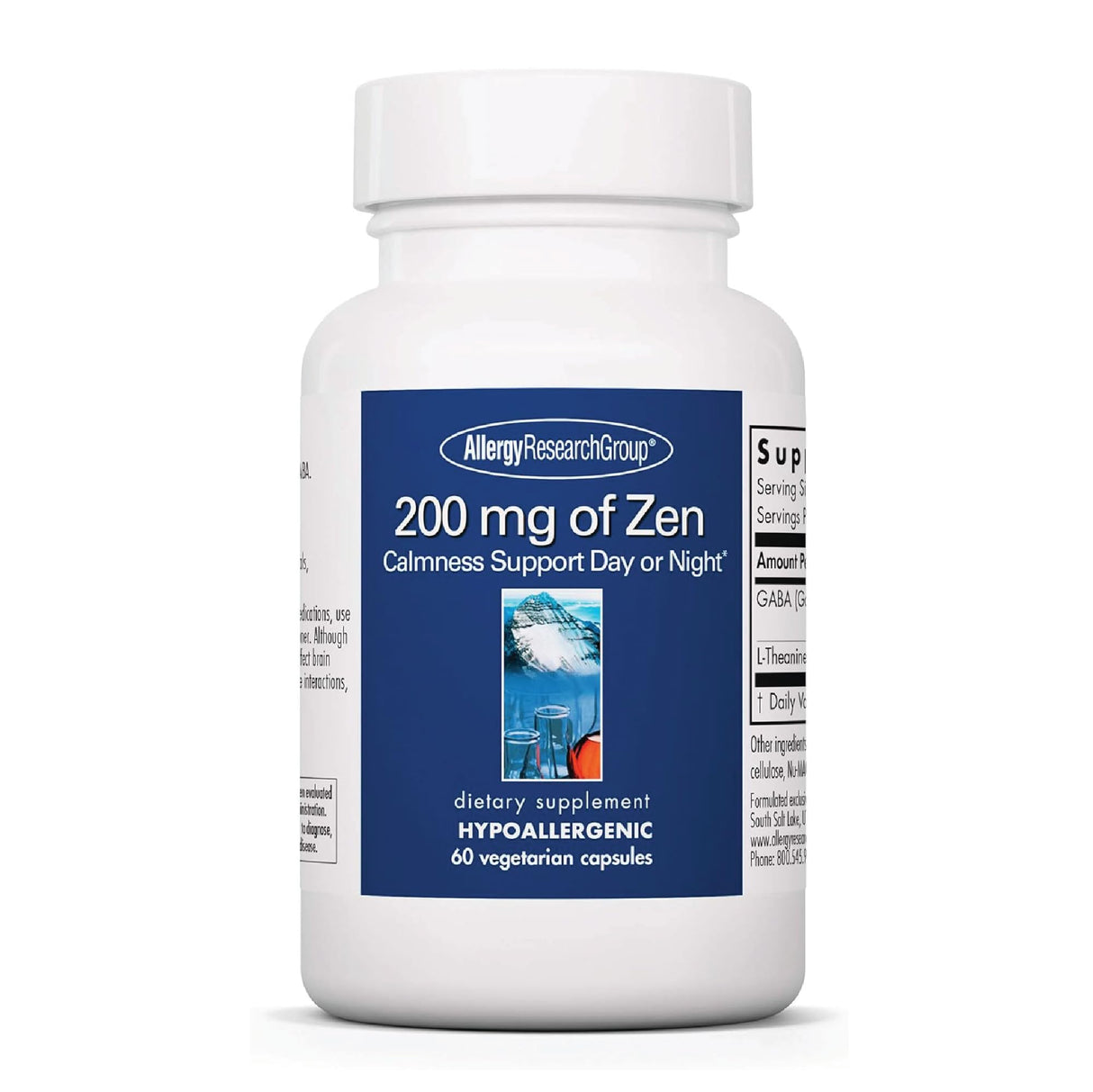 Allergy Research Group 200 mg of Zen - GABA L-Theanine Supplement, Natural Calm, Sleep & Relax Support for Women & Men, Take Day or Night for Relaxation & Calm Energy - 60 Vegetarian Capsules