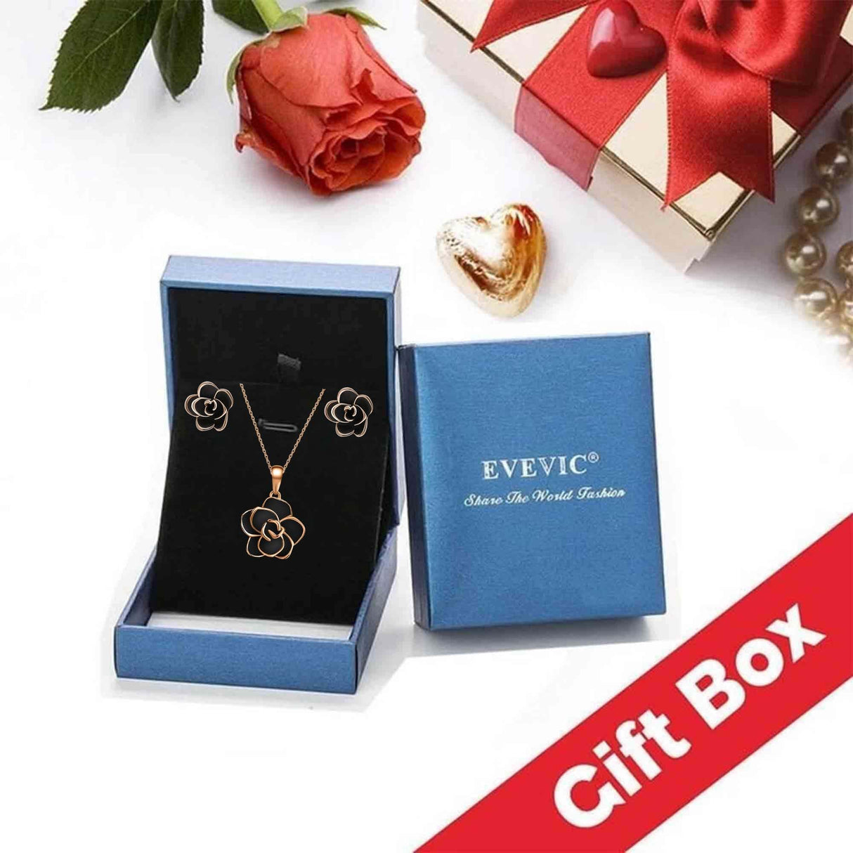 EVEVIC Rose Flower Necklace and Stud Earrings Set for Women,18K Gold Plated