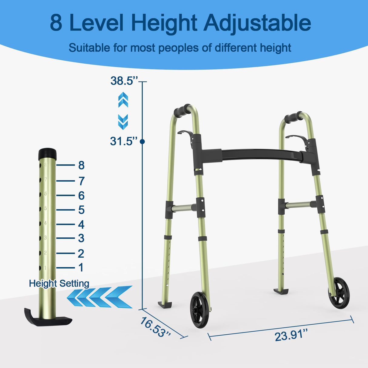 Loyoda Folding Walkers for Seniors,FSA/HSA Eligible Medical Walker with Storage Bag and Glide Skis 5'' Front Wheel Lightweight Walker Height Adjustable Aluminum Standard Walker for Disabled (Green)