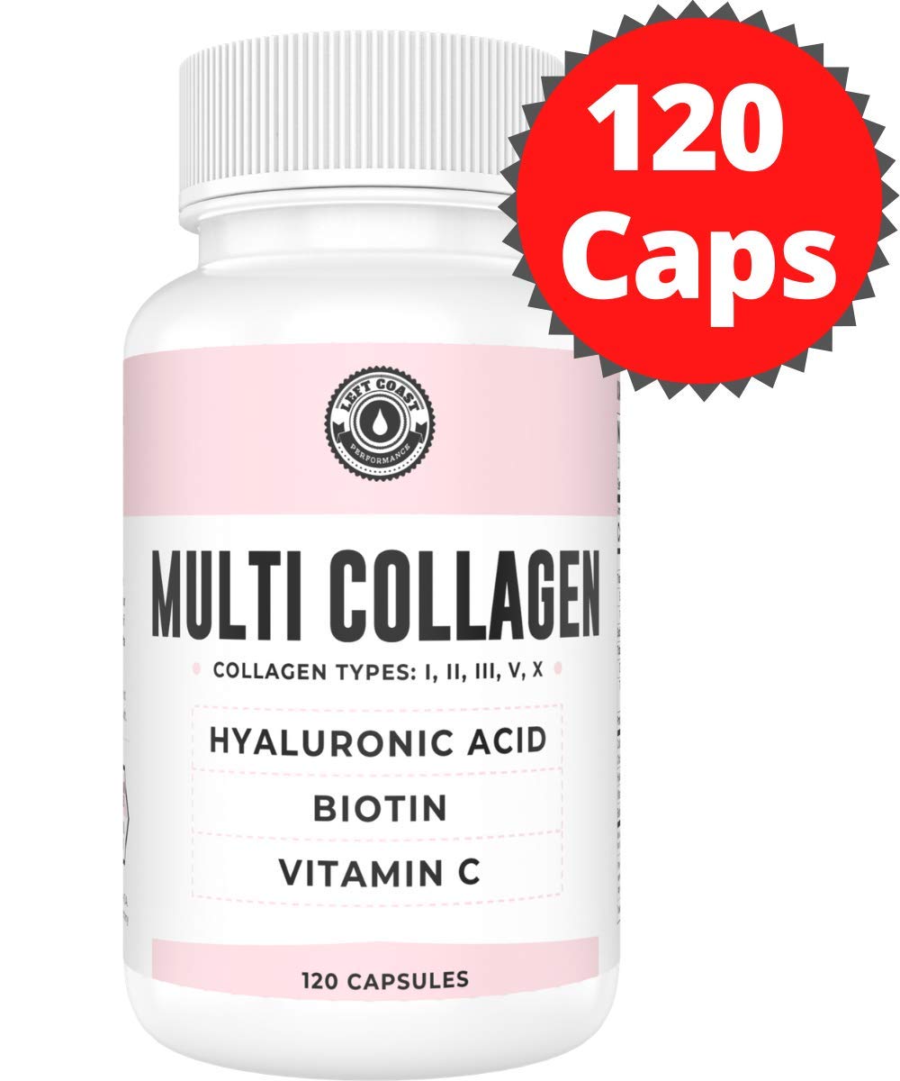 Collagen Capsules with Biotin, Hyaluronic Acid, Vitamin C, Hydrolyzed Multi Collagen Peptide Capsules Types I, II, III, V, X For Skin, Hair, Nails and Joint Health Supplement* 120 Count