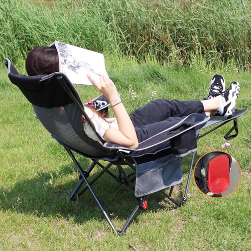 Reclining Camping Chair with Removable Footrest Lounge Chair with Headrest, Cotton Cushion, Portable Adjustable Folding Chairs for Adults Black