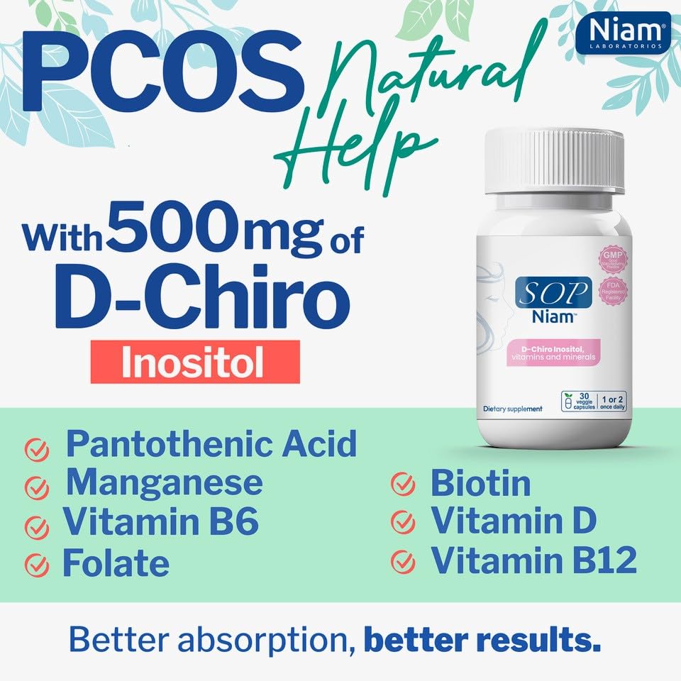 PCOS SOP Niam | D-Chiro Inositol Supplement - 500mg | Folic Acid, Vitamin B6, B12, D3 & Biotin | Polycystic Ovary Syndrome | Hormonal Balance | 30 Capsules