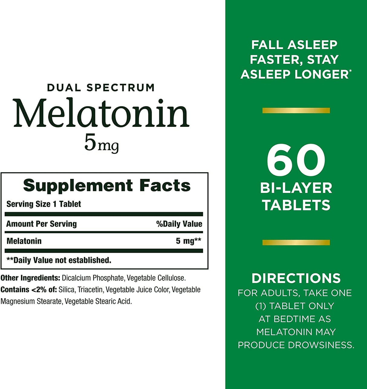 Nature's Bounty Melatonin 5mg Dual Spectrum, 100% Drug Free Sleep Supplement, Quick Release and Extended Release, Promotes Relaxation and Sleep Health, 60 Bi-Layer Tablets (Pack of 2)