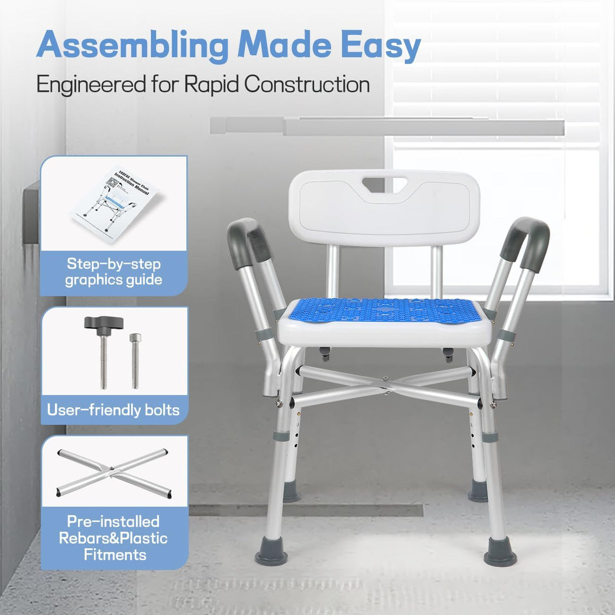 TABEKE Shower Chair for Inside Shower, FSA/HSA Eligible 500lb Compact Shower Chair with Backrest & Padded Armrest, Height Adjustable Shower Bench W.Suction Cups, Shower Seat for Elderly and Disabled