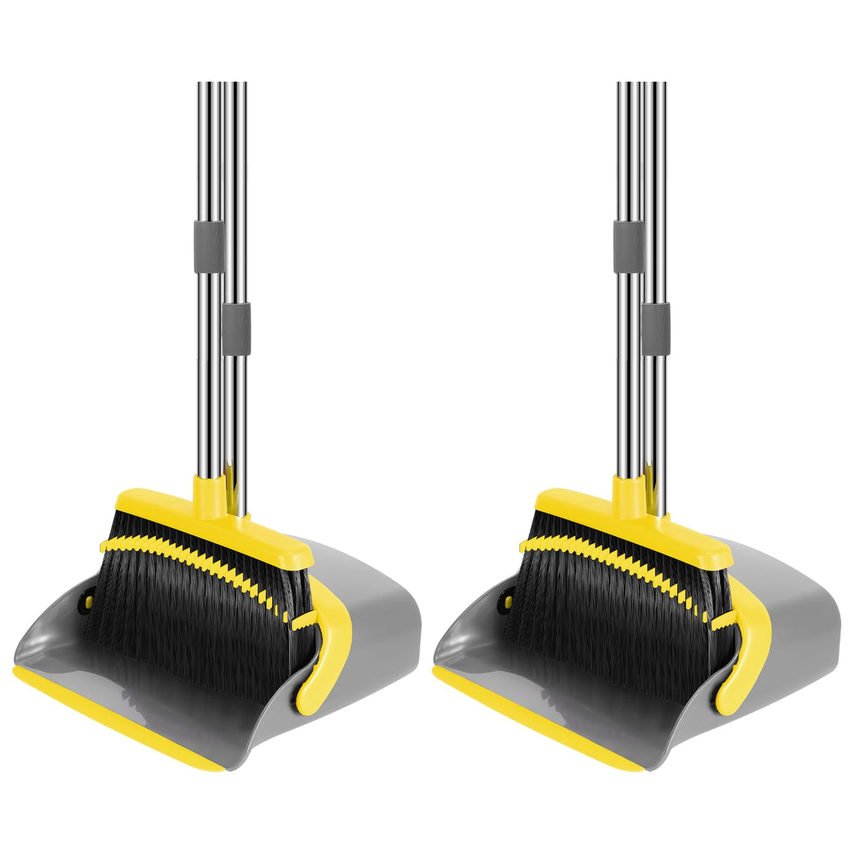 NACENA Broom and Dustpan Set, 52-in Long Adjustable Handle Broom Dustpan Combo with Dustpan Teeth to Automatically Clean Hair Suitable for Home Kitchen Office Hall Floor (Grey&Yellow), 2 Pack