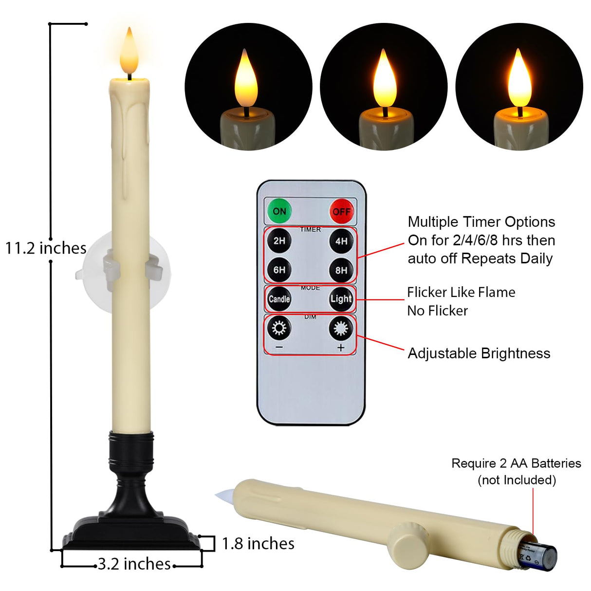 Homemory Window Candles with Remote Timer Dimmer - 6 Pcs Battery Operated Ivory Flameless Tapers with Holders and Suctions - LED Candlesticks for Christmas, Xmas Holiday Decor
