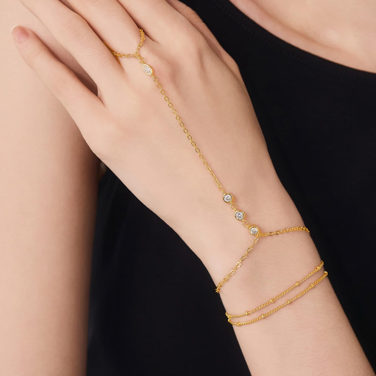 Cicy Bell Hand Chain Bracelets for Women 18K Gold Plated