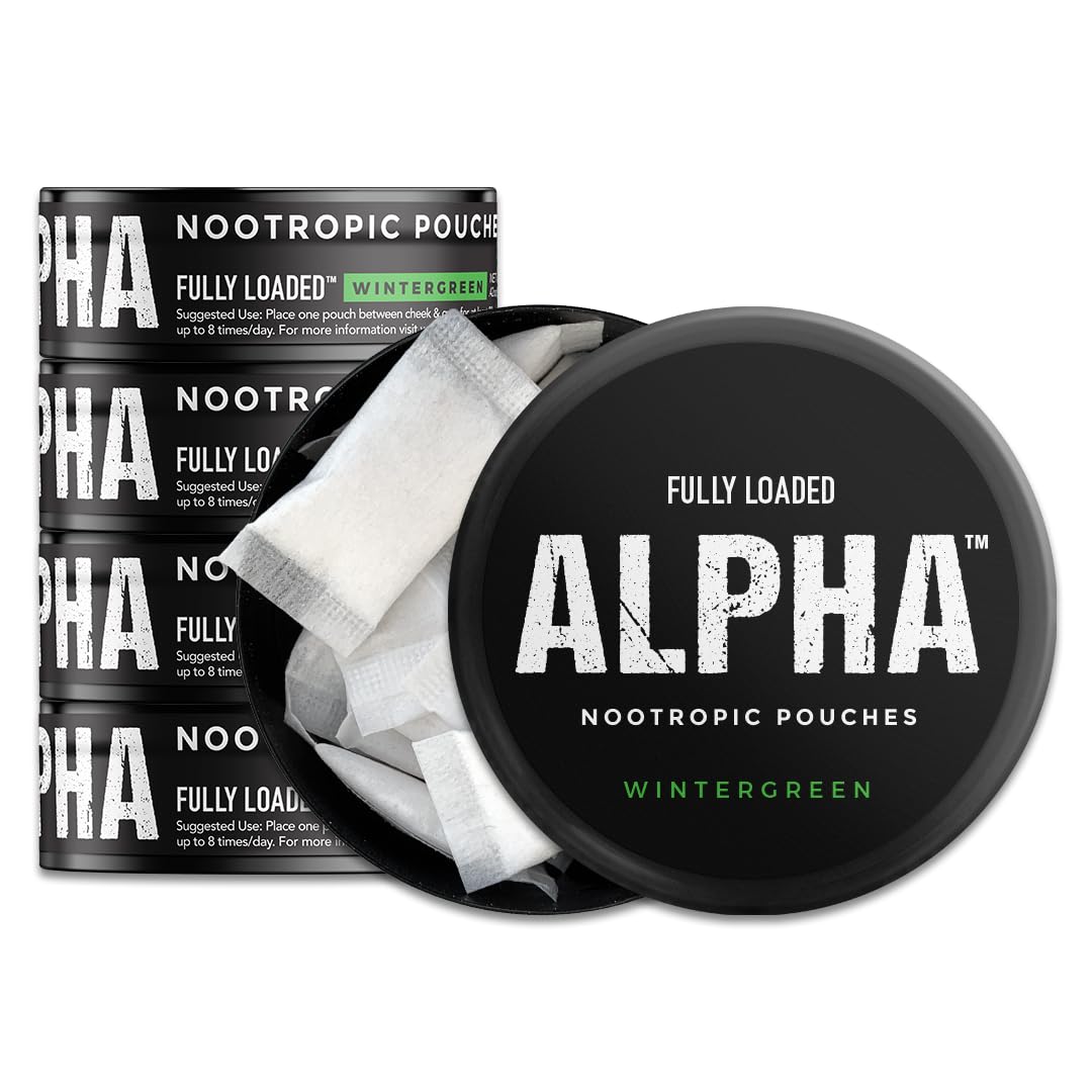 Fully Loaded Alpha Nootropic Pouches (Wintergreen) - 5 Cans - 15 Pouches per can - Effective Nootropic Delivery, Nic Pouch Replacement - Faster Absorption, Alpha GPC, L-Tyrosine, GABA