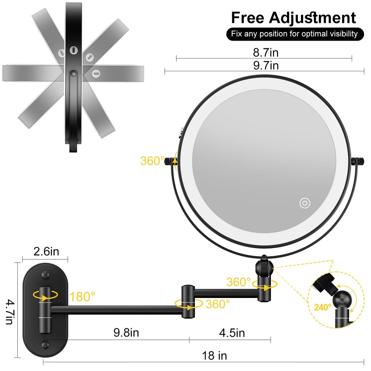 IMIKONA 9" Wall Mounted Lighted Makeup Mirror,4000mAh Rechargeable Double Sided 1X/10X Magnifying Mirror with Light,3 Color Lights,Touch Dimmable,Extended Arm 360 Rotation Wall Mounted Makeup Mirror