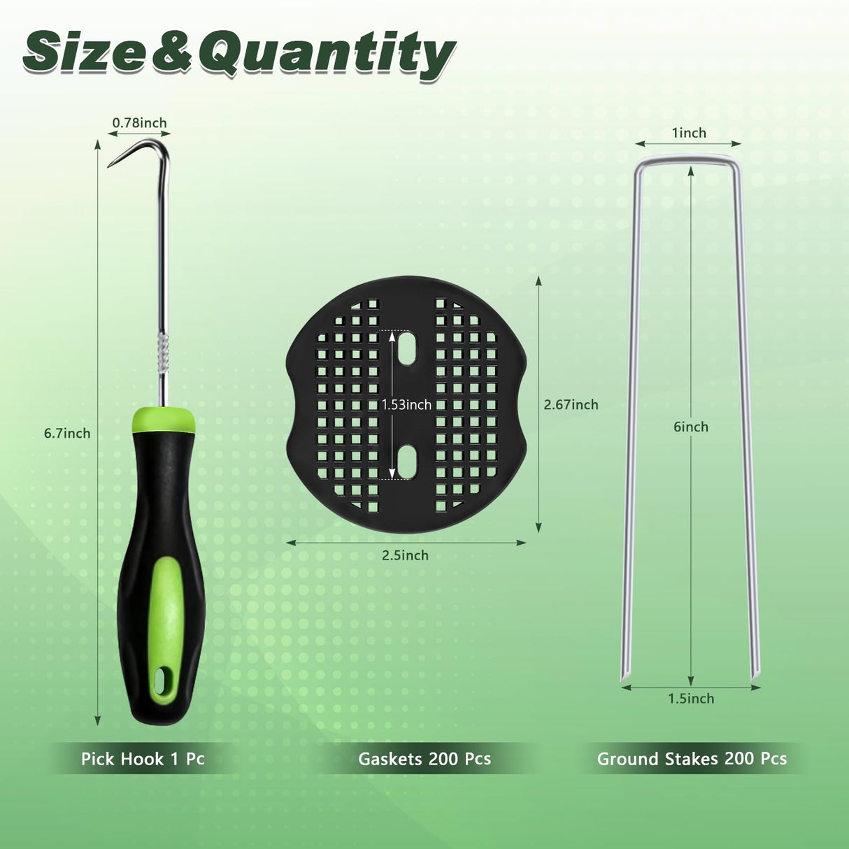 FEED GARDEN Landscape Staples 6 Inch 200 Pack Kit, Heavy Duty 11 Gauge Hot-Dip Galvanized Garden Stakes with 200 Gaskets & 1 Pick Hook for Weed Barrier, Landscape Fabric, Sod, Turf & Garden Edging